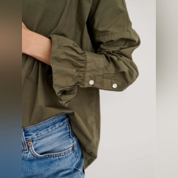 ALEX MILL Easy Ruffle Cotton Poplin Shirt, Dusty Olive, Size M, Spring - Picture 6 of 15